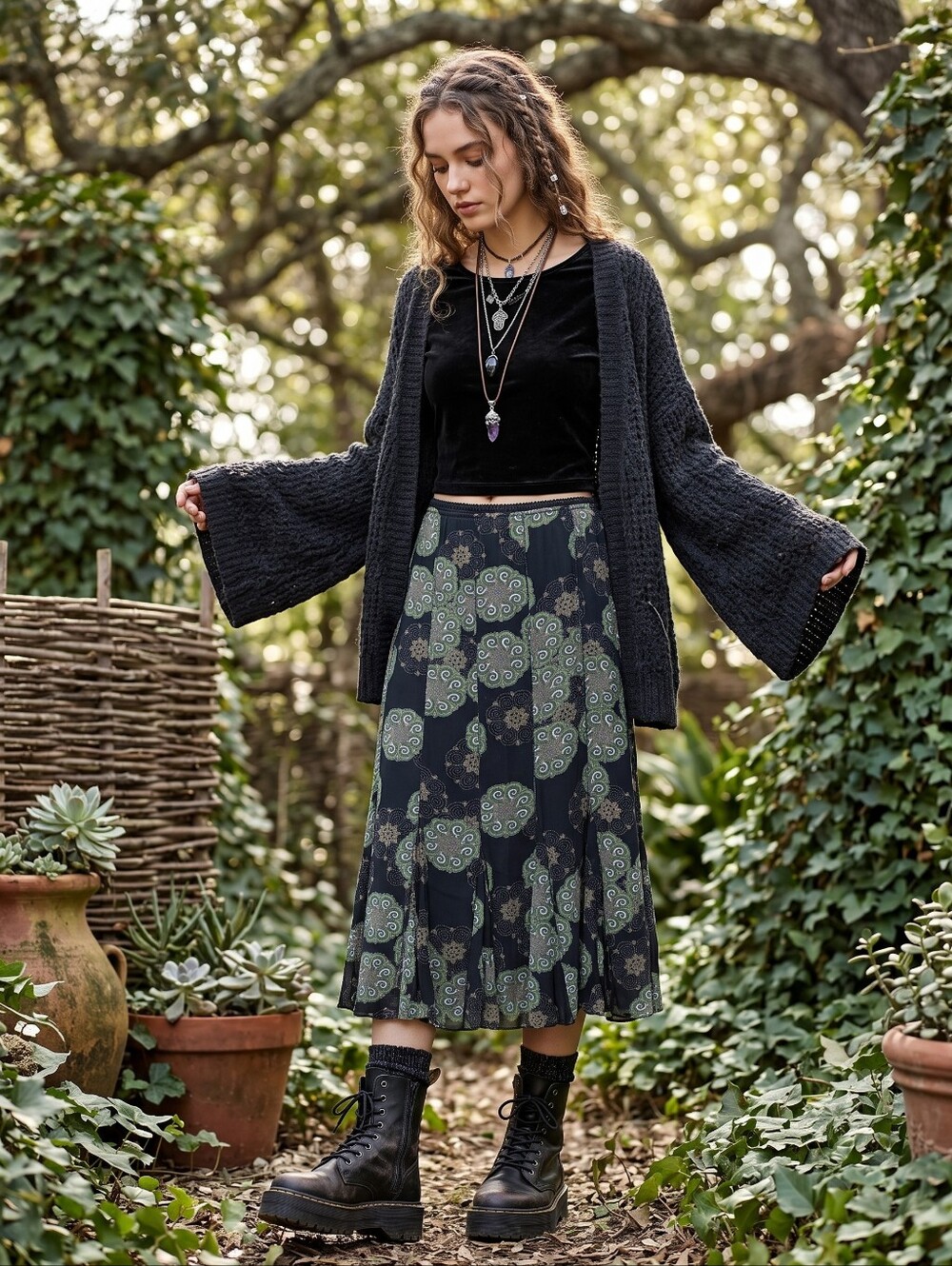 Whimsigoth Dark Fairycore Boho Medallion Godet Flute Midi Skirt